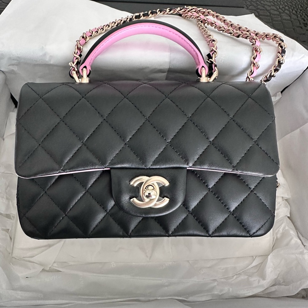 New 23P Chanel Mini Top Handle Rectangle Flap Black & Pink Bag Handbag 😍